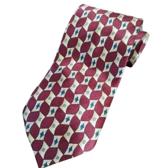 Jos.A.Bank 100% Silk Necktie Geometric Formal Print Red Gold Blue - Picture 1 of 12